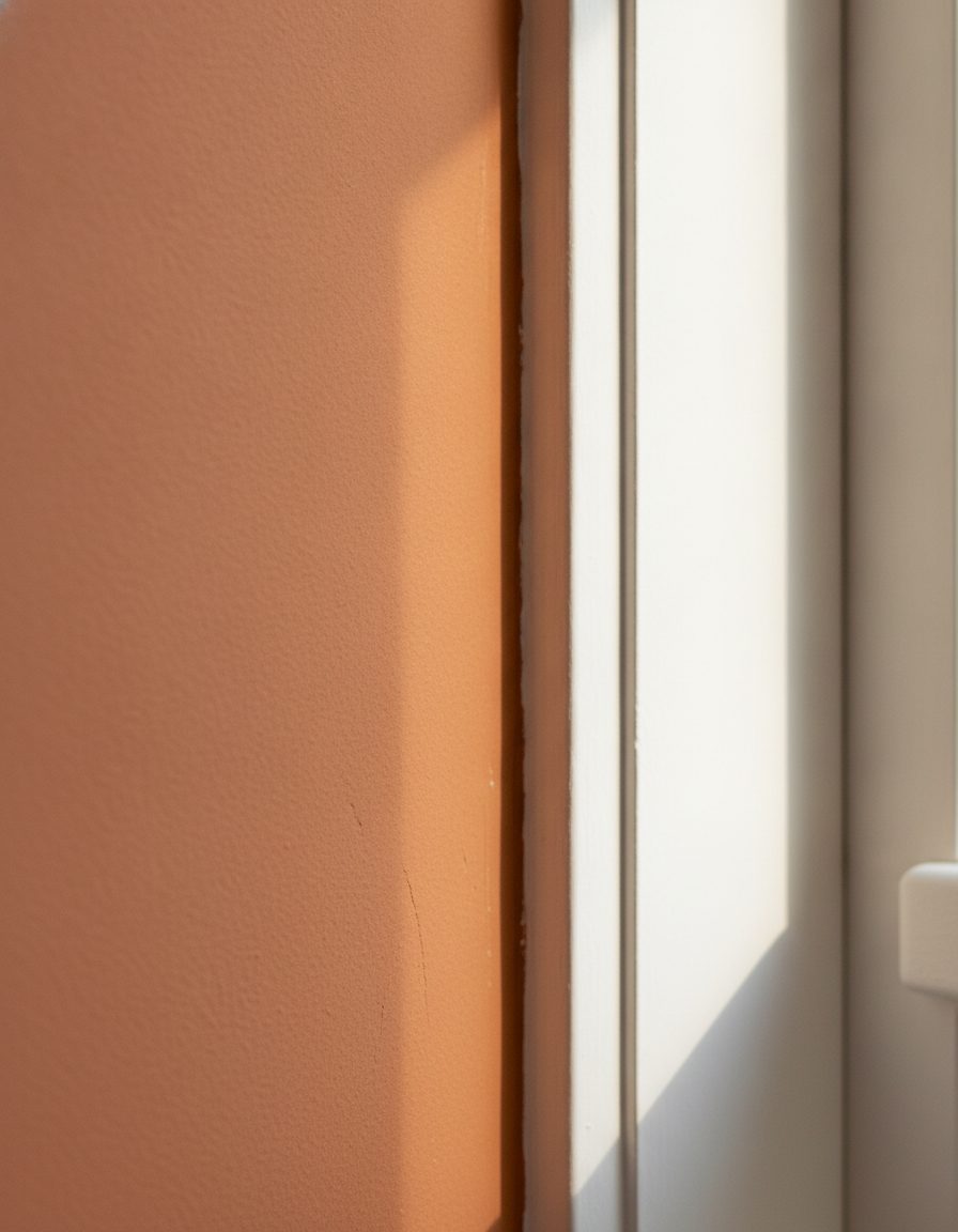 A razor-sharp paint cut-in line where a terracotta wall meets bright white window trim