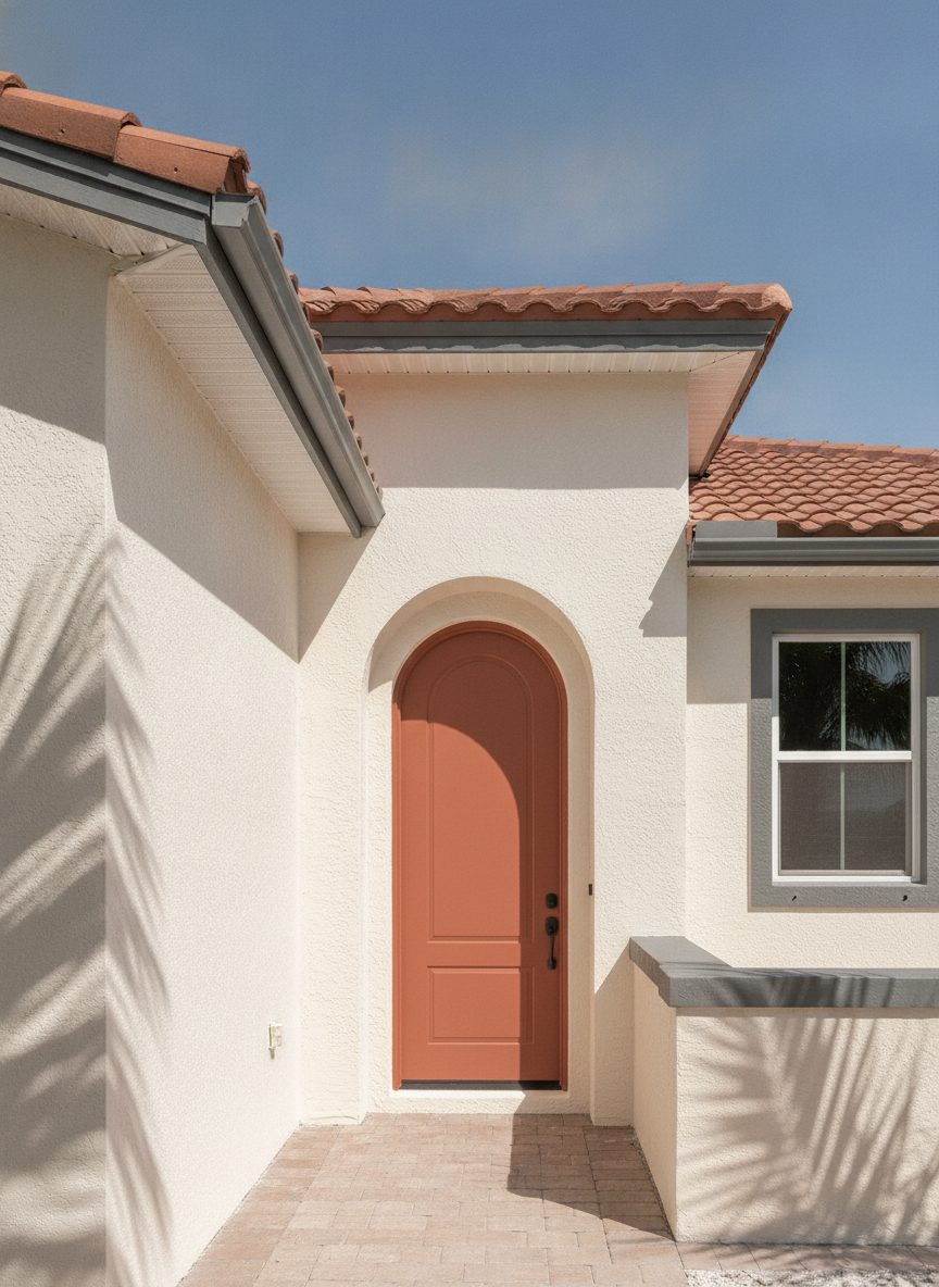 Freshly painted Florida home exterior with a warm terracotta arched door, crisp white stucco, and clean paint edges in bright daylight