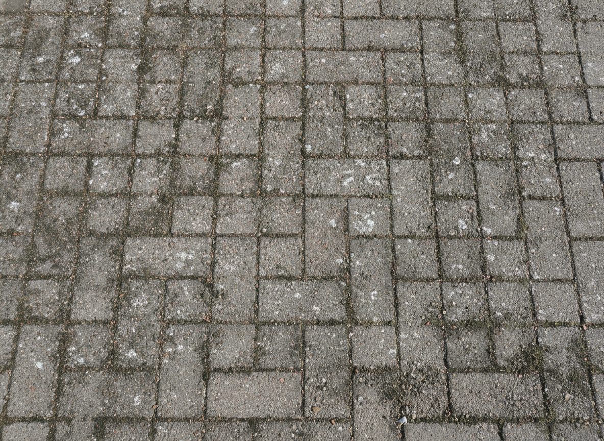 A concrete paver driveway darkened with algae, grime, and mildew before cleaning